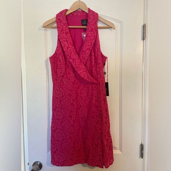 NWT Adrianna Papell LACE TUXEDO DRESS WITH FAUX WRAP DETAILS IN PETUNIA pink 10 - Picture 8 of 16